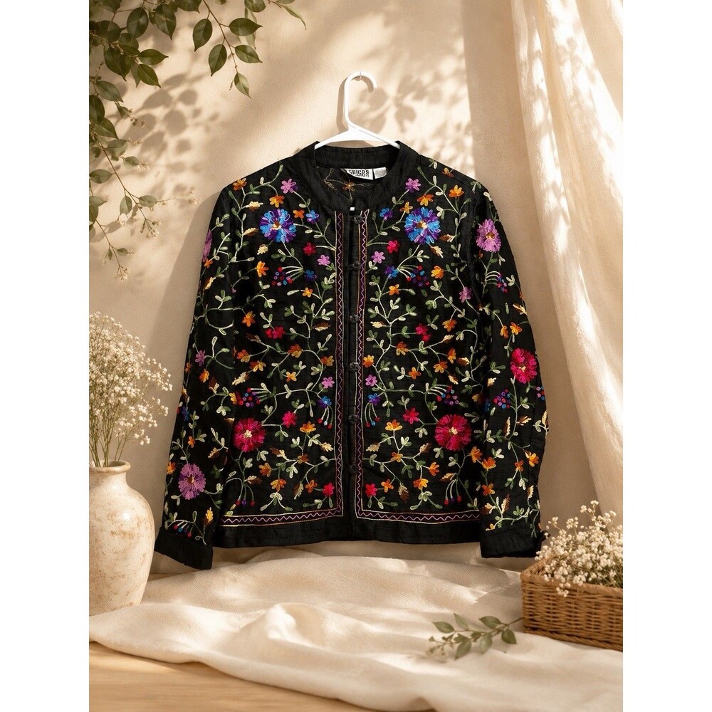 Vintage Chicos Design Size 0,Black Silk Long Sleeve Blouse Floral Embroidery